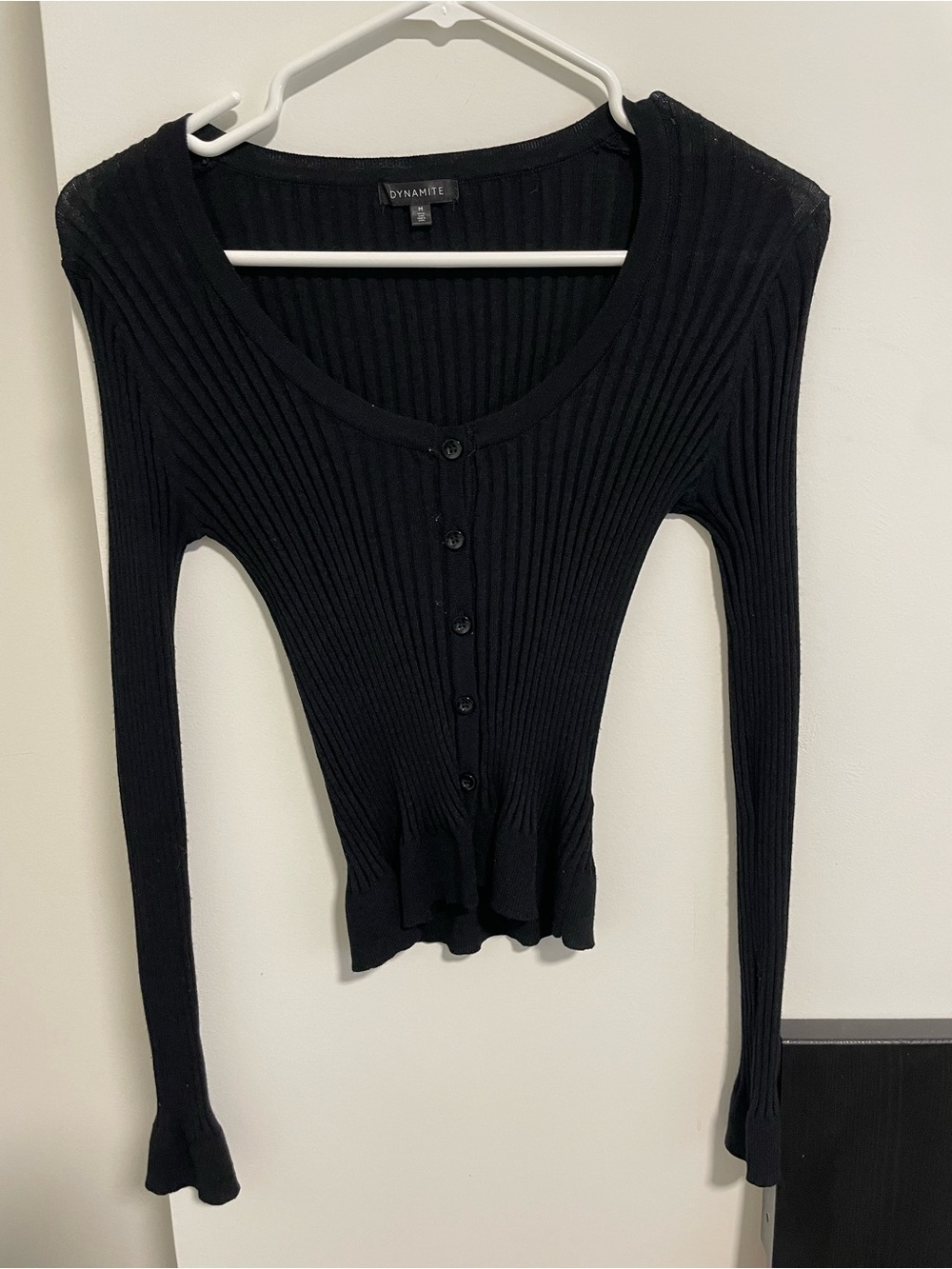 Dynamite Black Ribbed Button-Front Long Sleeve Top